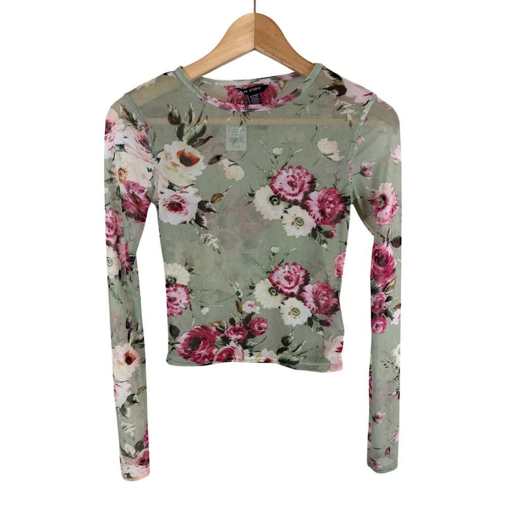 American Eagle AE Studio Mesh Top Womens XS Green Floral Long Sleeve Sheer
